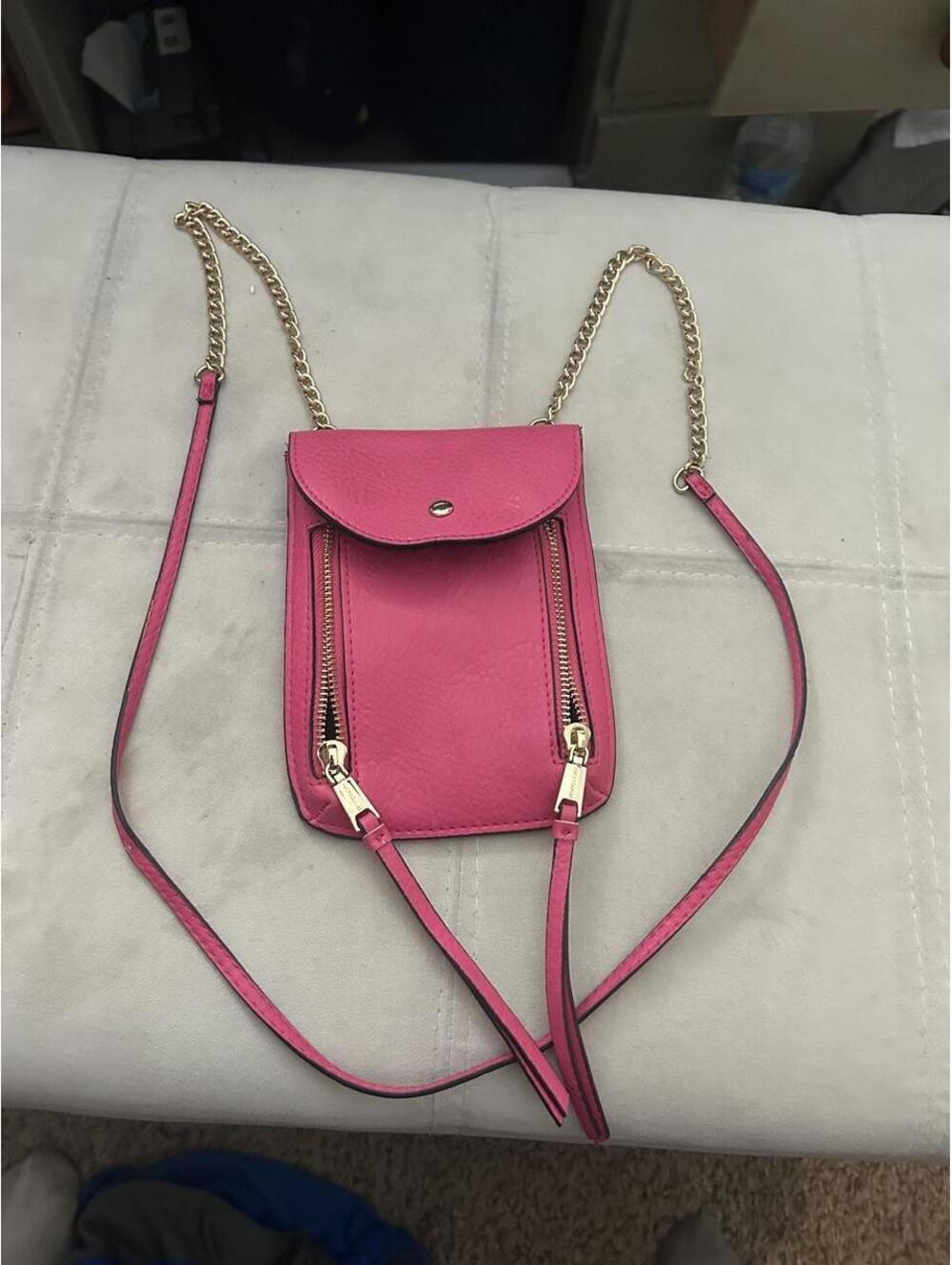 Pink leather crossbody bag with gold hardware